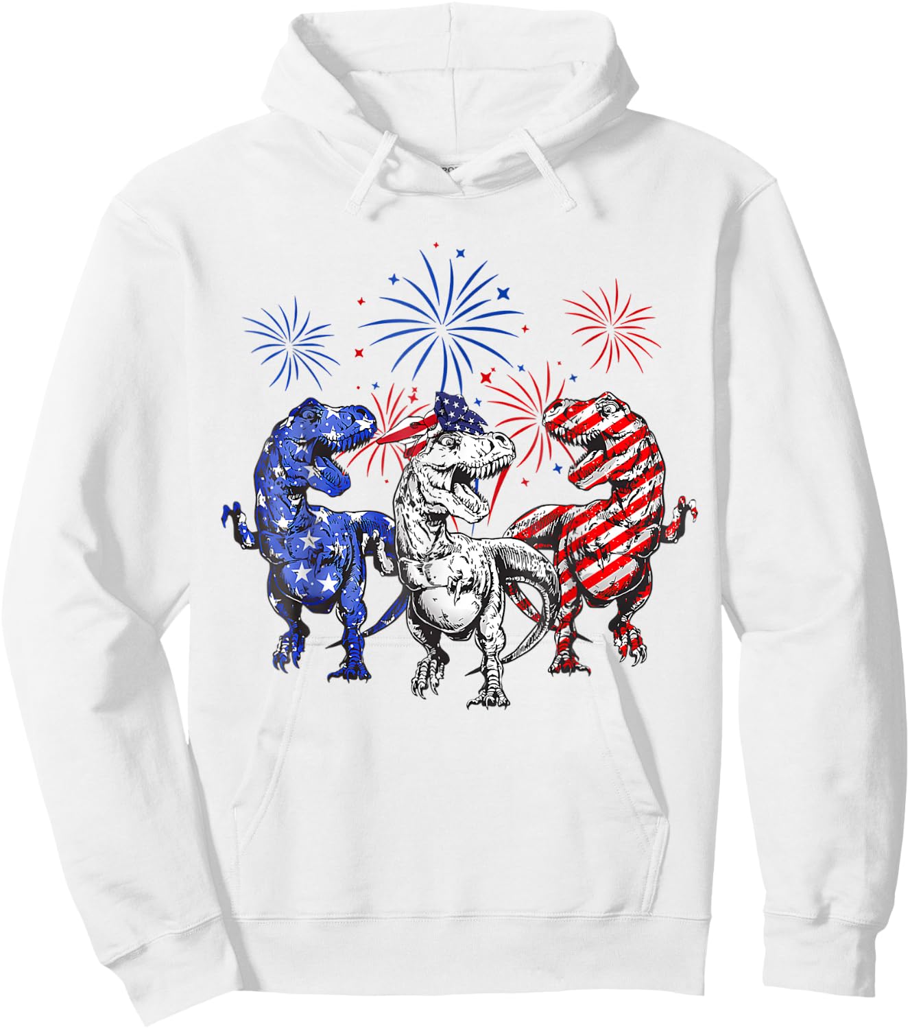 Red White Blue T Rex Dinosaur Firework 4th Of July Kids Men Hoodie - Hoodie | White