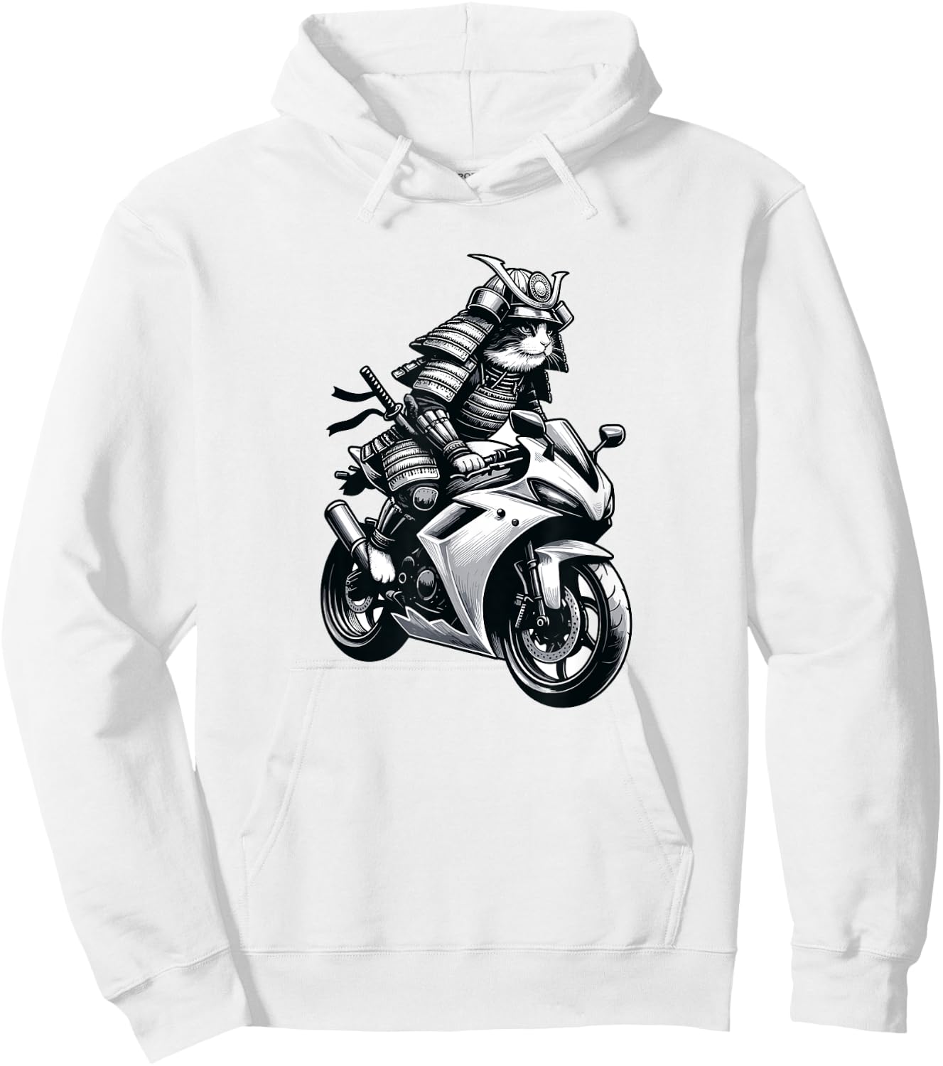 Japanese Samurai Ninja Cat Riding a Motorcycle Crotch Rocket Men Women Hoodie - Hoodie | White