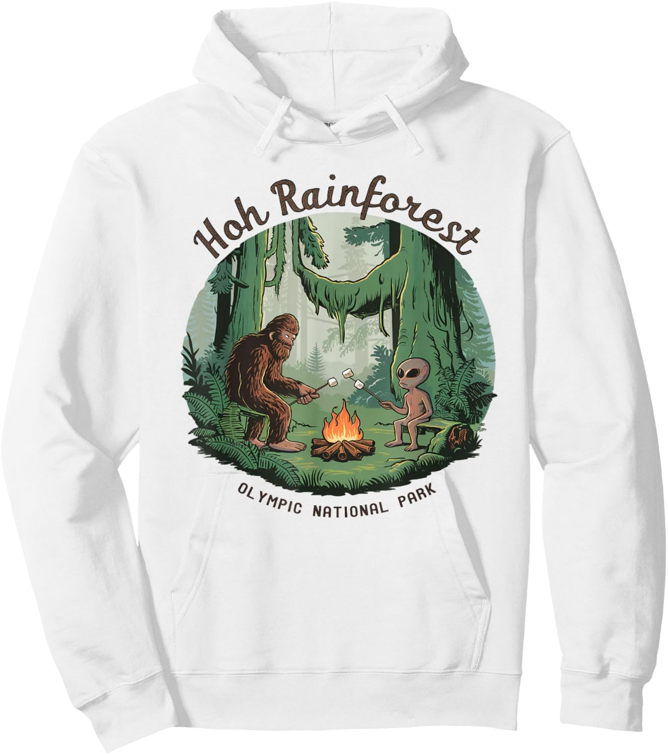 Funny Bigfoot & Alien Gifts And Shirts Bigfoot & Alien Camping Hoh Rainforest Olympic National Park -Adults Kids White Short Sleeve Classic Fit Cotton Blend Machine Wash Size Small Hoodie - Hoodie | White
