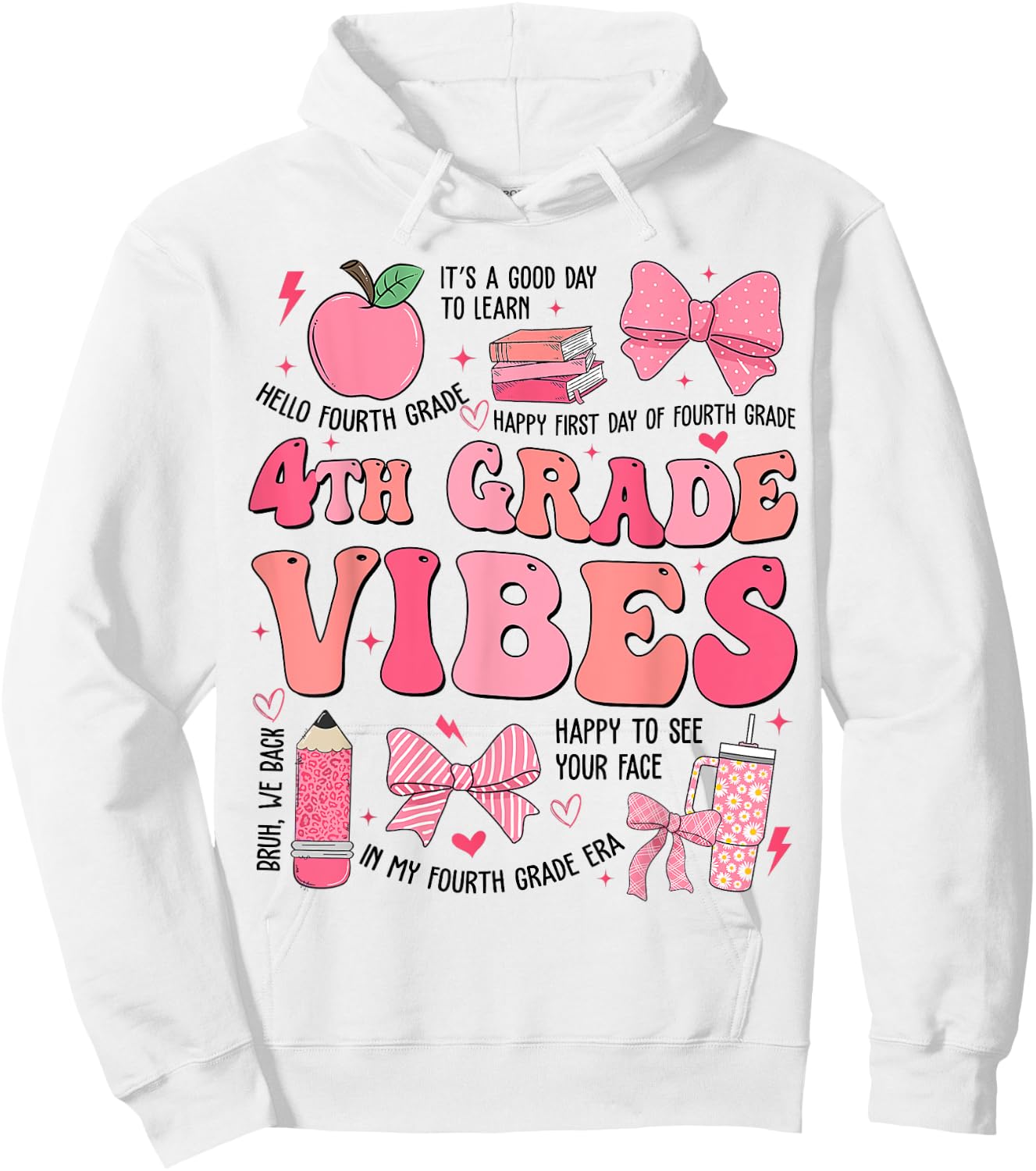 Girls 4th Grade Vibes Coquette Bow Back to School Teacher Hoodie - Hoodie | White