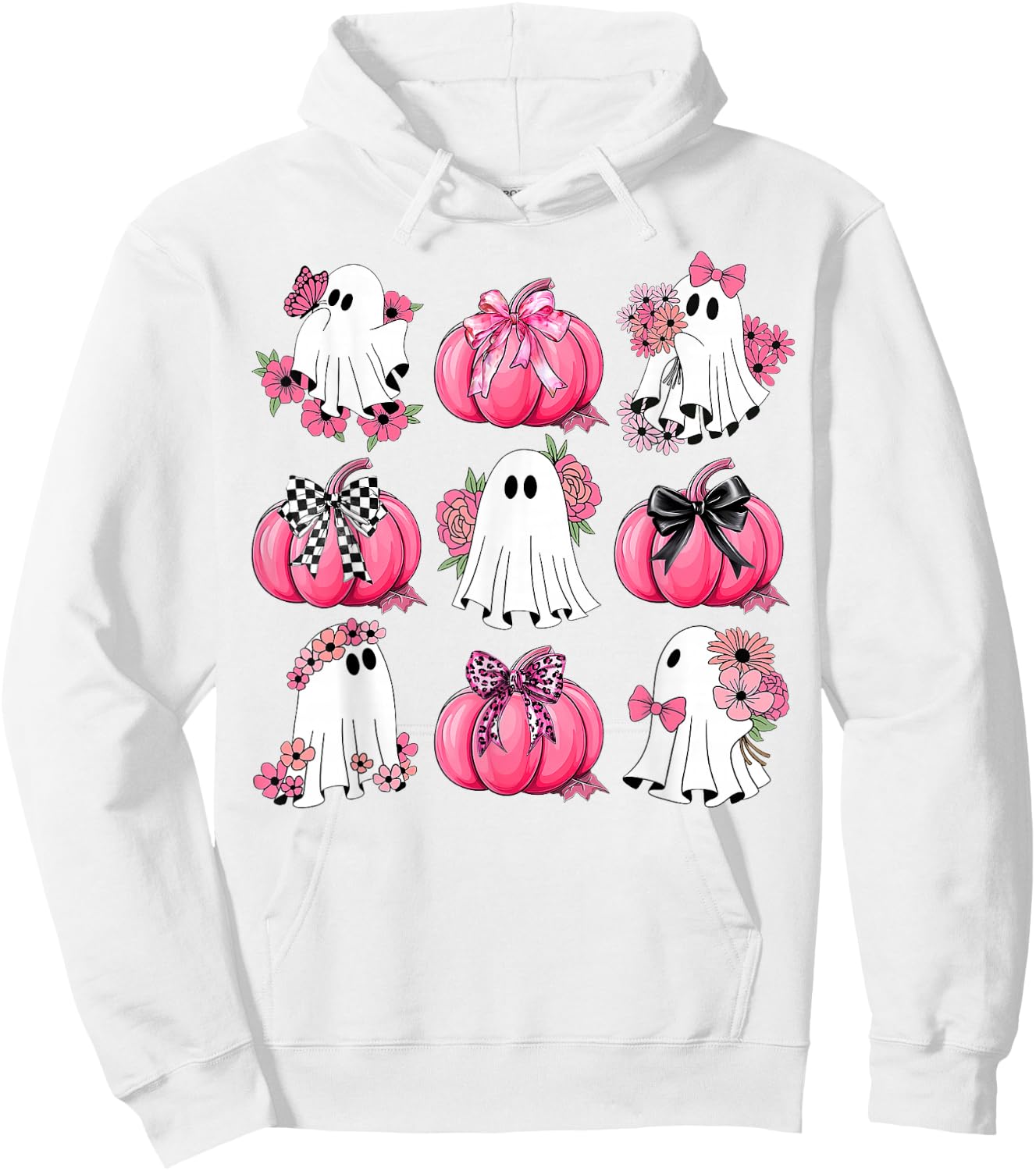 Cute Ghost Florals Pink Coquette Bows Pumpkins Halloween Hoodie - Hoodie | White