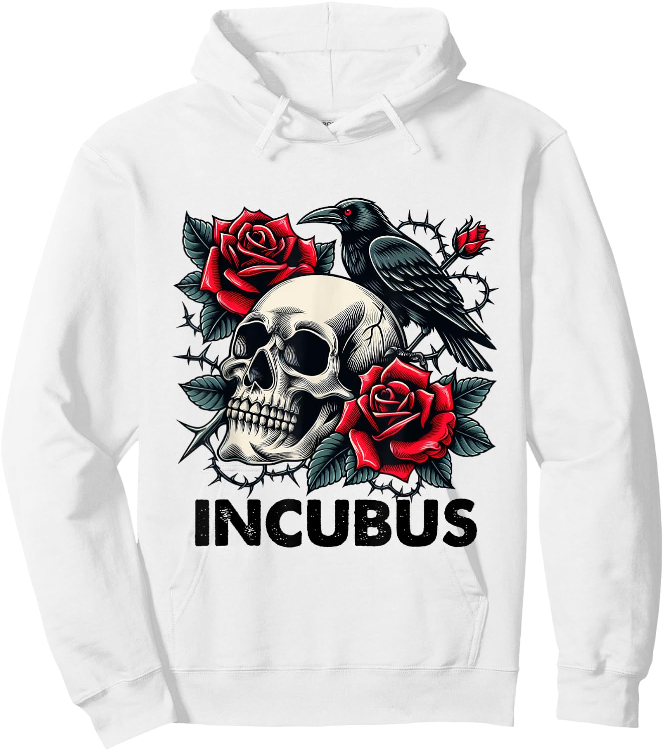 Retro Halloween Graphic Incubus-Crow Left Skull And Flower Hoodie - Hoodie | White