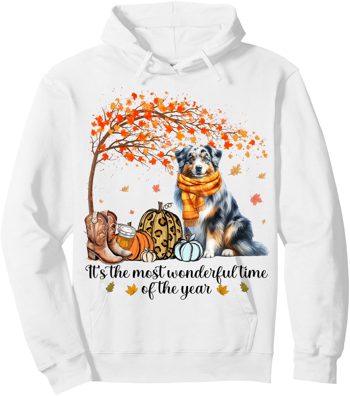 Fall Maple Tree Print Dog Lover Happy Thanksgiving Australian Shepherd Autumn Fall Hoodie - Hoodie | White