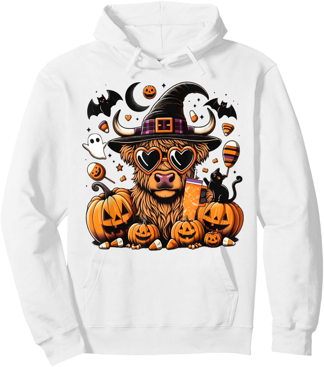 Halloween Highland Cow Witchy Cow Spooky Pumpkin Hello Fall Hoodie - Hoodie | White