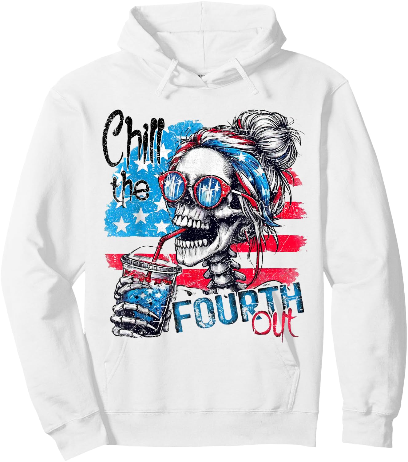 Funny Skeleton US Flag 4th of July Cute Chill The Fourth Out Hoodie - Hoodie | White