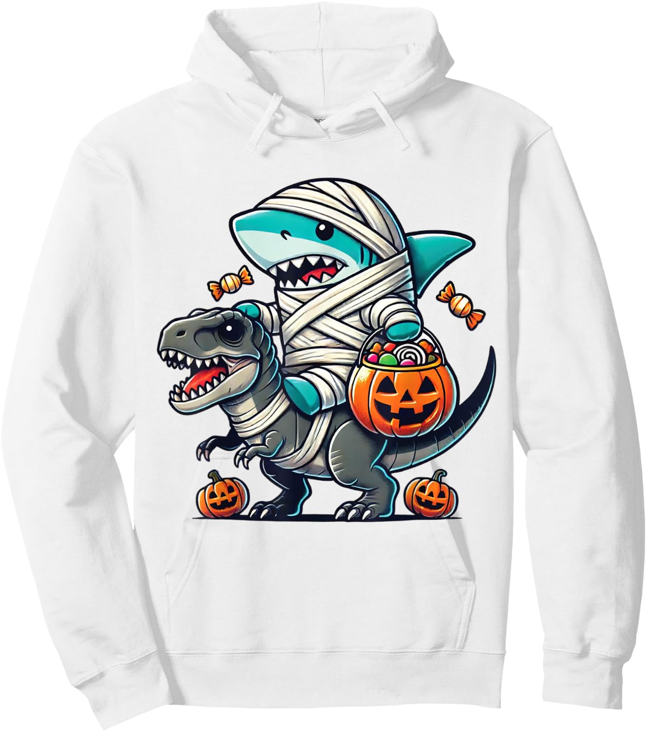 Shark Riding Dinosaur T-rex Funny Halloween Pumpkin Boys Kid Hoodie - Hoodie | White