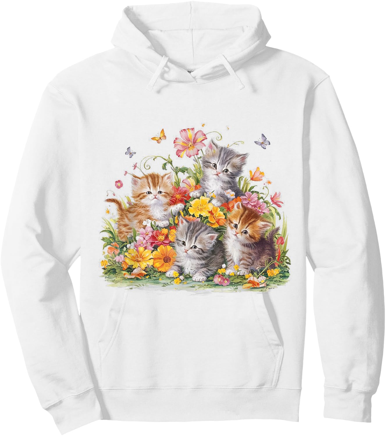 Floral Vintage Aesthetic Painted Kittens and Pressed Flower Hoodie - Hoodie | White