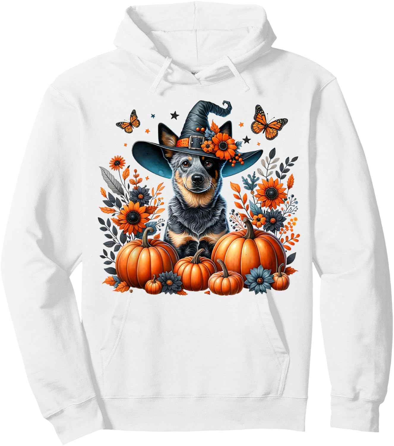 Halloween Blue Heeler Dog Pumpkin Autumn Season Flowers Hoodie - Hoodie | White