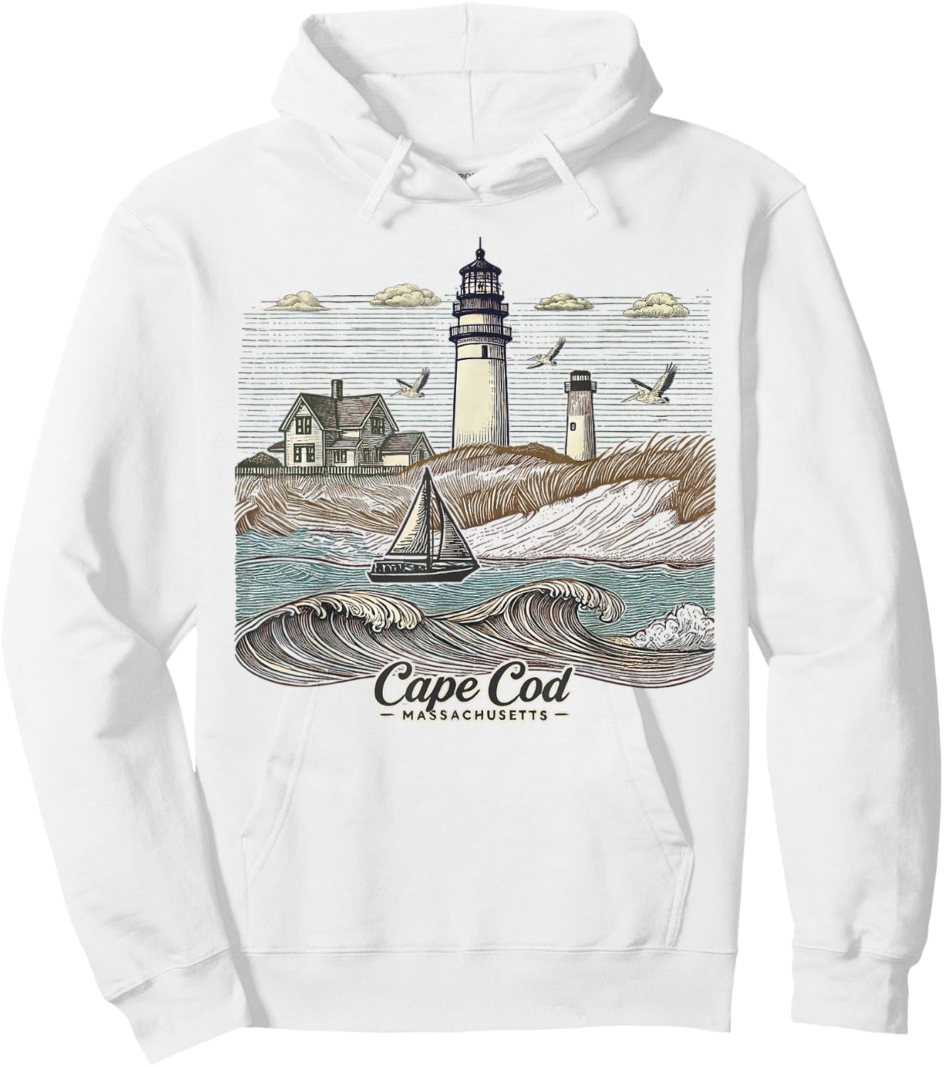 Vintage Cape Cod Massachusetts Nautical Lighthouse Seashore Hoodie - Hoodie | White