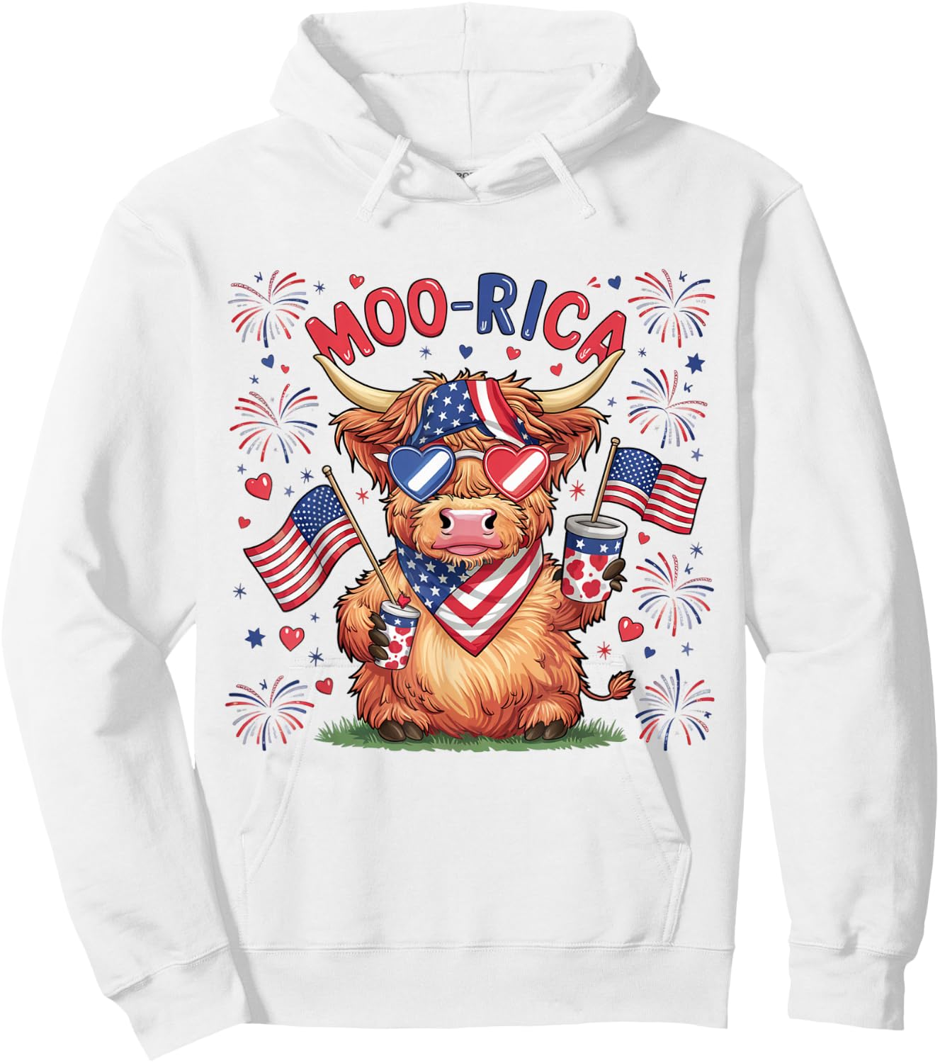Moo-Rica Western America Highland Cow 4th Of July USA Flag Kids Men Hoodie - Hoodie | White
