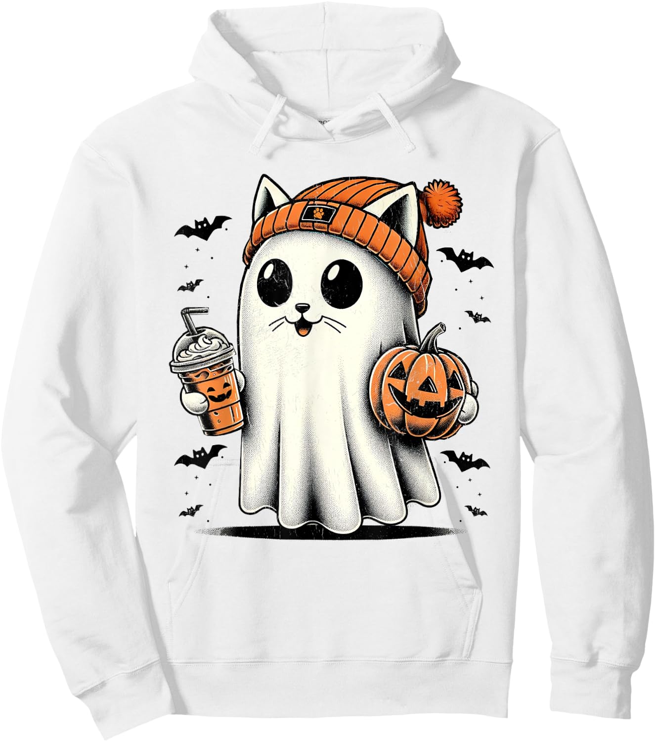 Cute Cat Ghost Iced Coffee Funny Ghost Halloween Ice Coffee Women Kids Hoodie - Hoodie | White