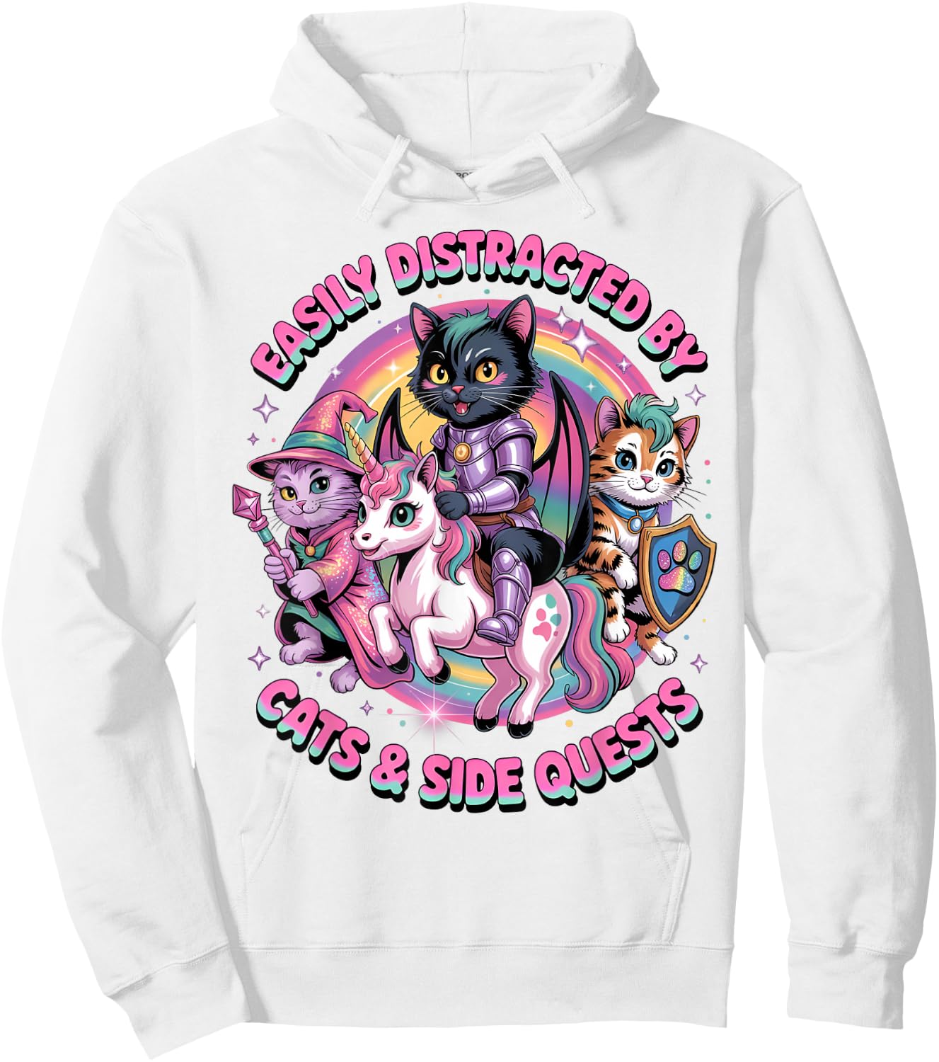 Gamer Cats Side Quest Distracted Cute Girls Unicorn RPG Hoodie - Hoodie | White
