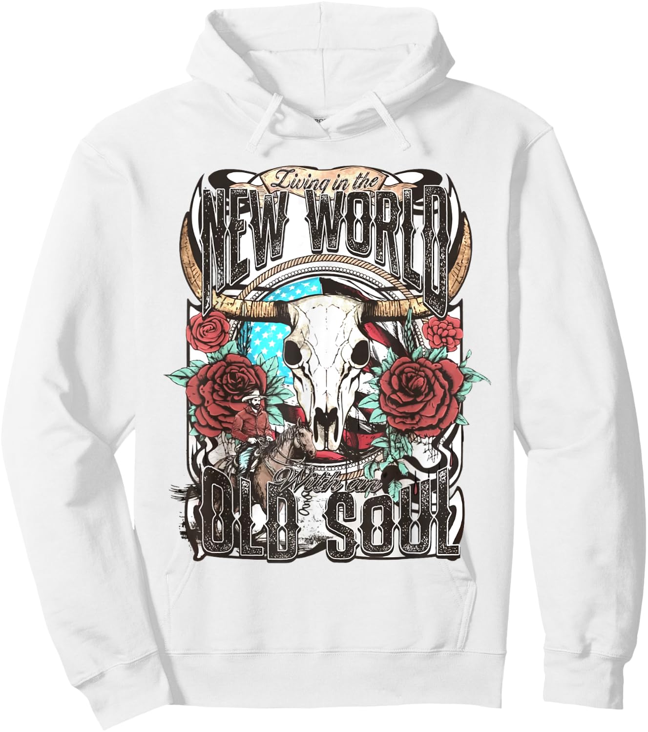 Living In The New World With An Old Soul Cow Skull Western Hoodie - Hoodie | White