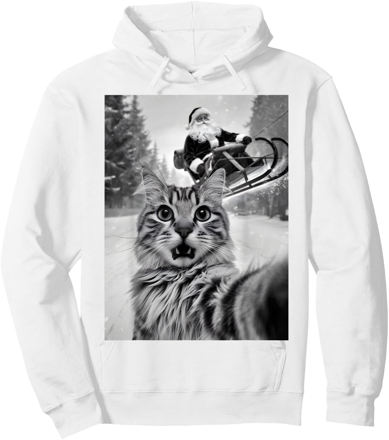 Christmas Cat Selfie With Santa Claus Sleigh Merry X-Mas Men Women Kids Hoodie - Hoodie | White