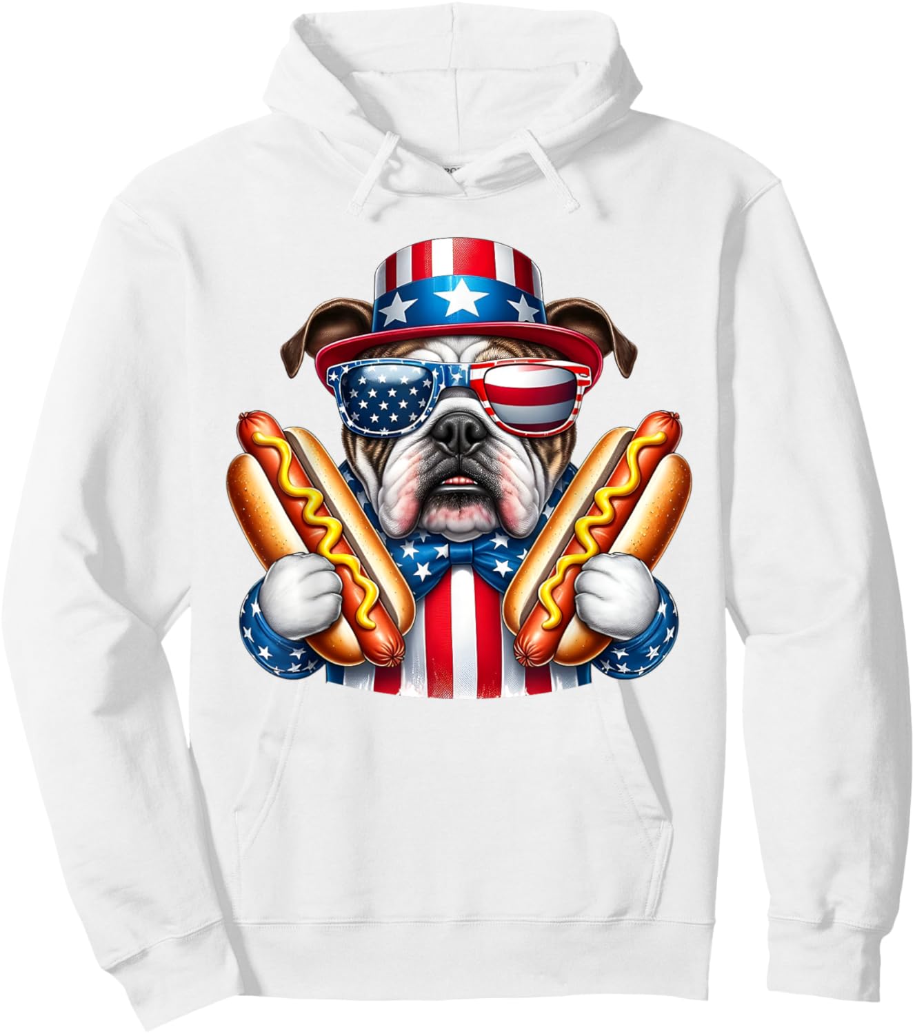 English Bulldog Dog 4th of July Hotdog USA Flag Patriotic Hoodie - Hoodie | White