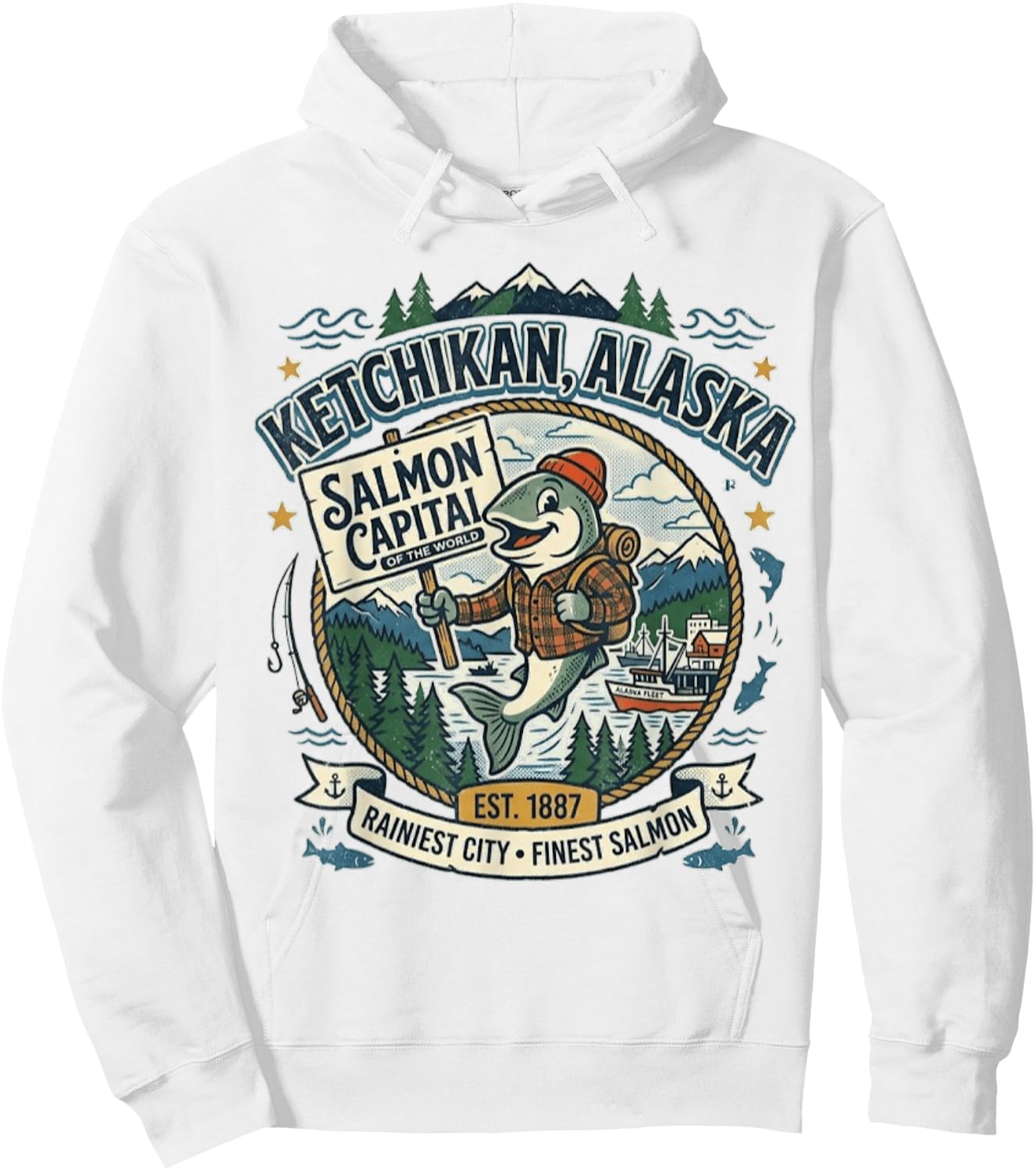 Ketchikan, Alaska - Salmon Capital - Vintage Mascot Logo Hoodie - Hoodie | White