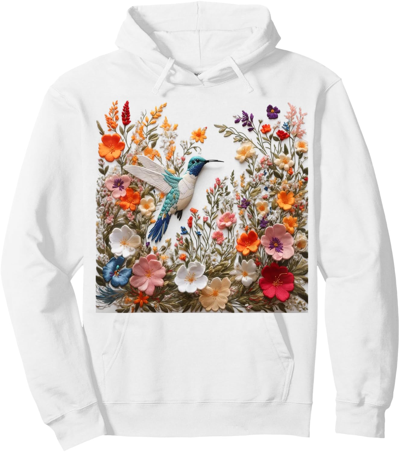 Embroidered Flower Hummingbird Floral Hummingbird in Bloom Hoodie - Hoodie | White