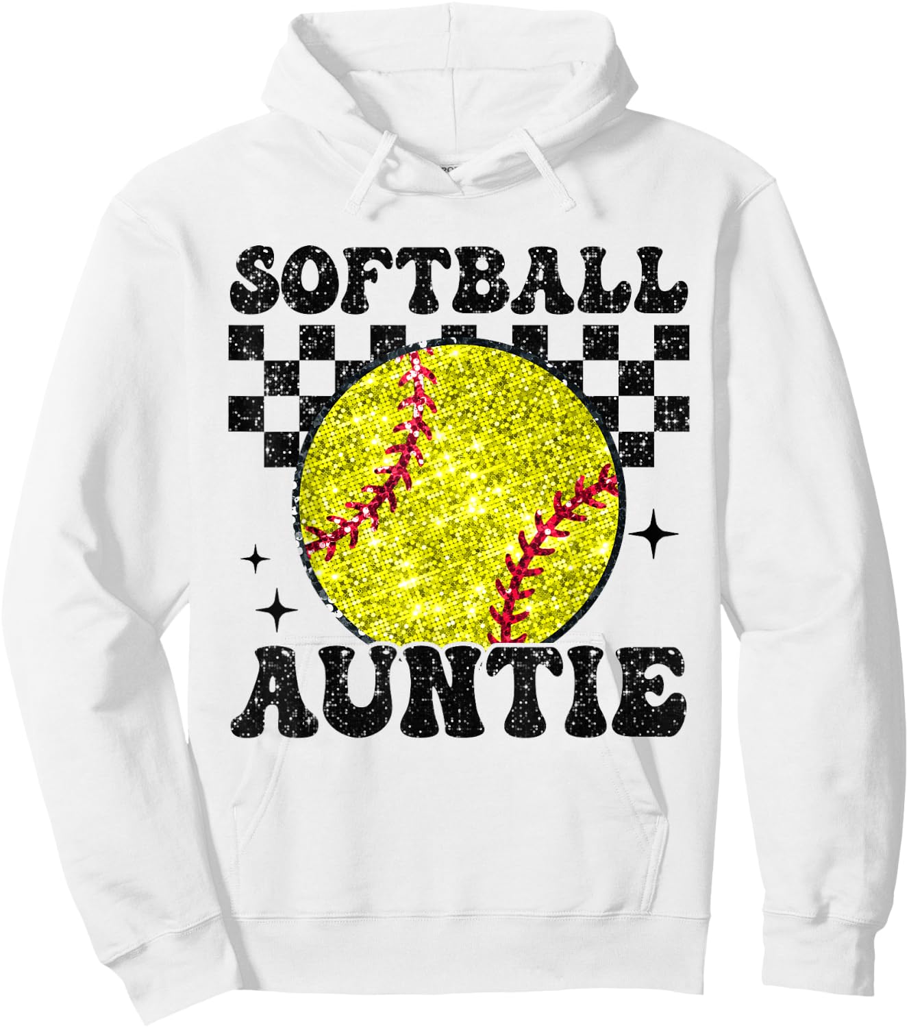 Softball Auntie Checkered Retro Funny Softball Aunt Family Hoodie - Hoodie | White