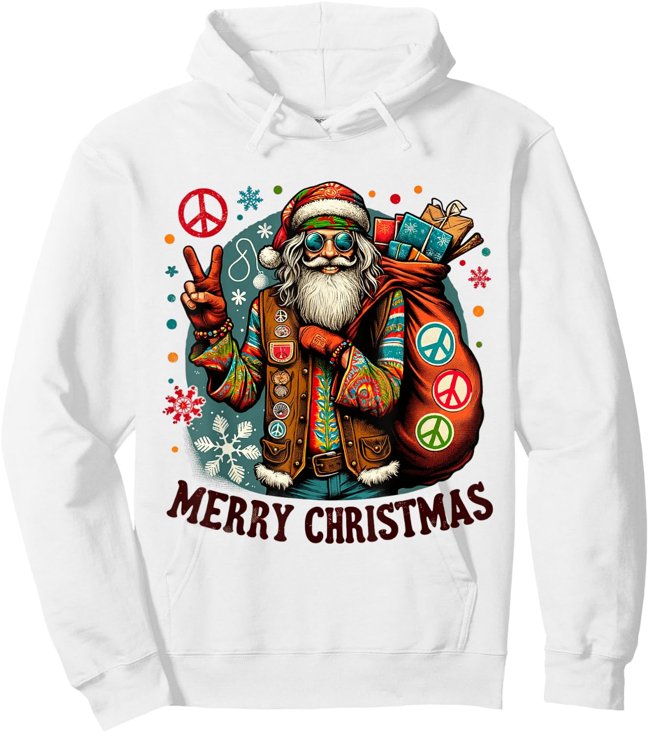 Hippie Santa Claus Christmas Peace Love & Merry X-Mas Winter Hoodie - Hoodie | White