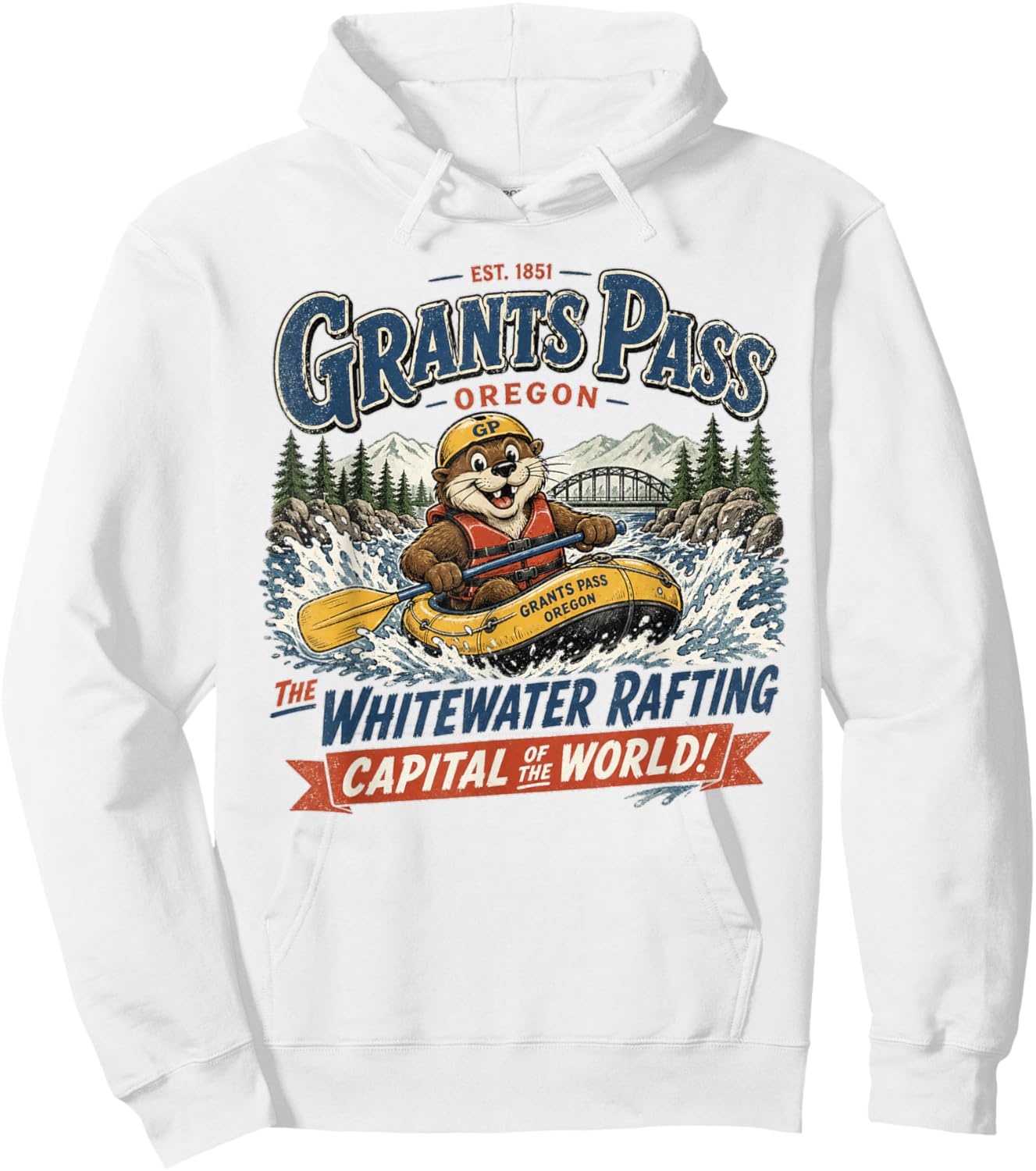 Grants Pass Oregon Whitewater Rafting Capital Vintage Logo Hoodie - Hoodie | White