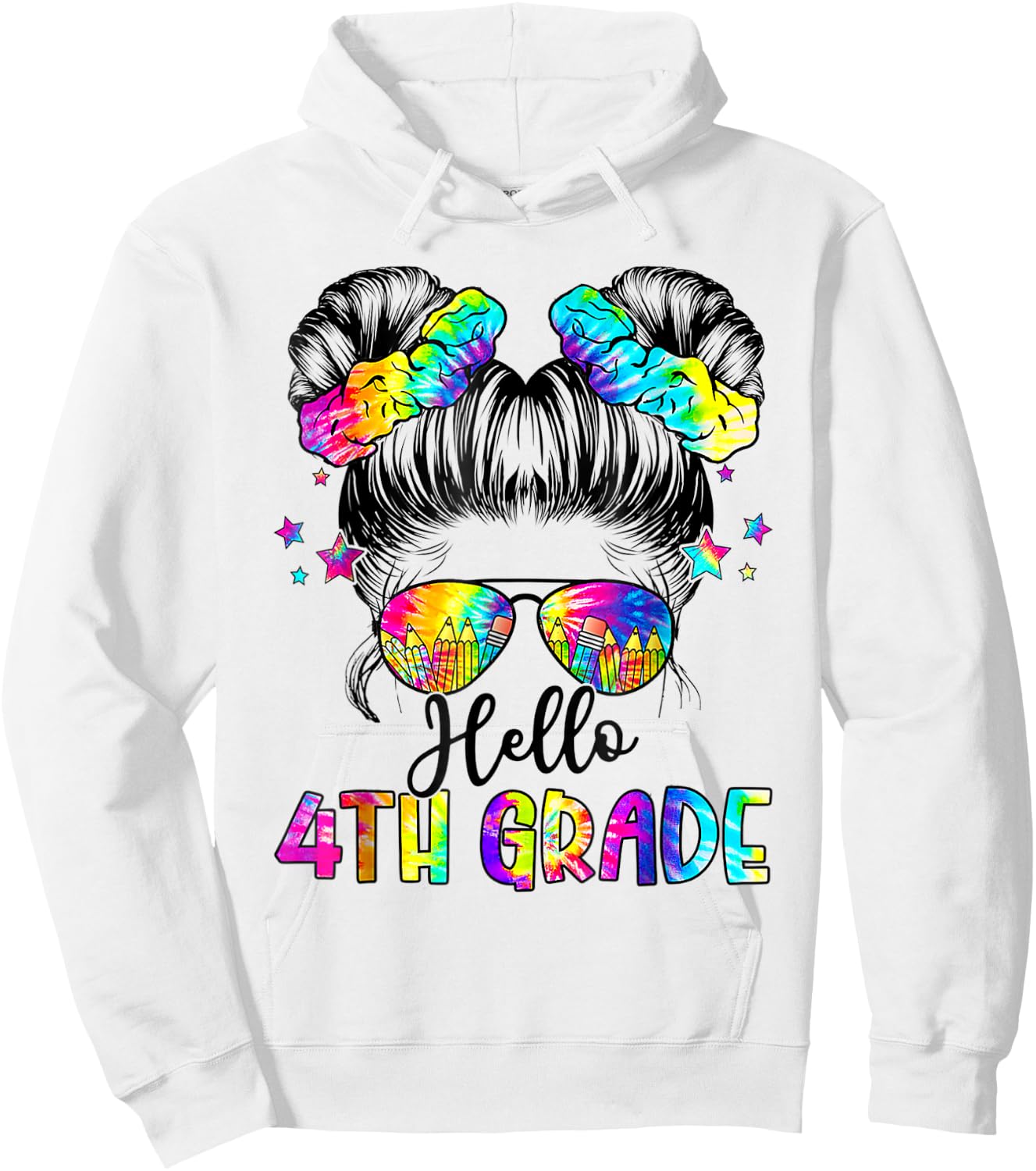 Hello 4th Grade Messy Hair Bun Girl Back To School First Day Hoodie - Hoodie | White