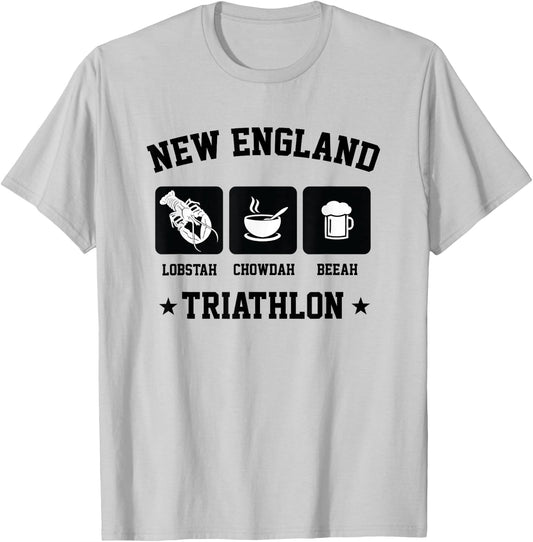 New England Triathlon Lobster Clam Chowder and Beer T-Shirt - T-Shirt | Ash