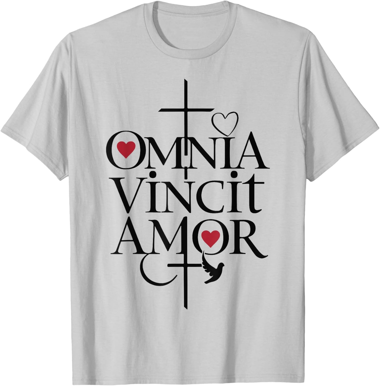 Omnia Vincit Amor Religious Latin Quote Love Faith Cross T-Shirt - T-Shirt | Ash