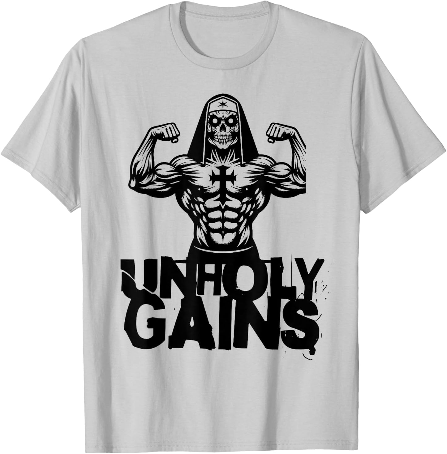 Unholy Gains Satanic Workout Devil Worship Nun T-Shirt - T-Shirt | Ash