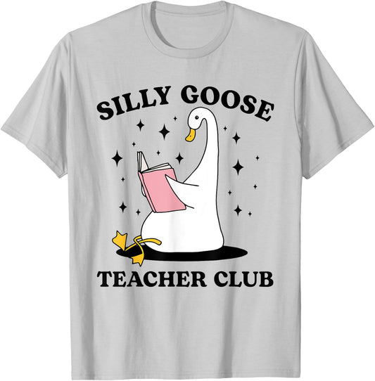 Silly Goose Teacher Groovy Club Silly Goose Book Reading T-Shirt - T-Shirt | Ash
