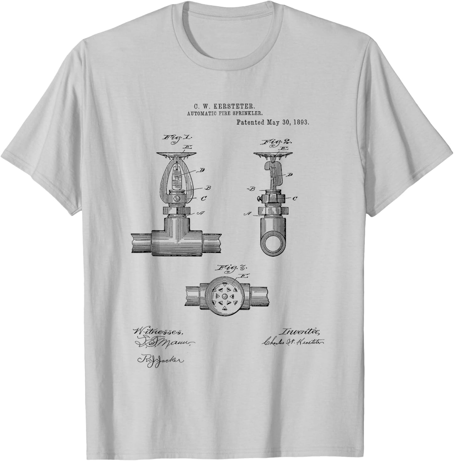 Fire Sprinkler Vintage Patent Hand Drawing Funny Novelty T-Shirt - T-Shirt | Ash