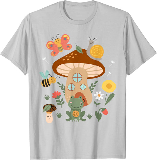 Cute Cottagecore Aesthetic Frog Mushroom Kid Teen Girl Women T-Shirt - T-Shirt | Ash