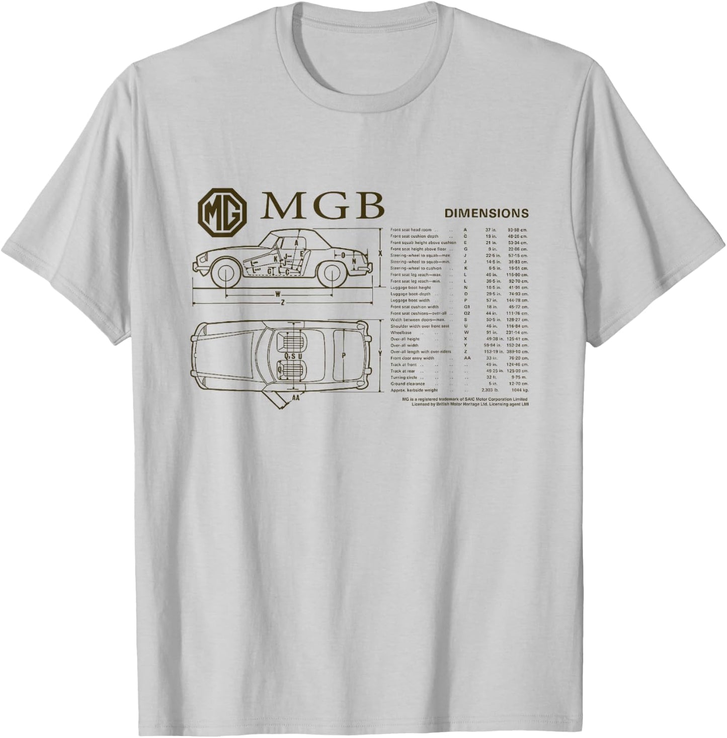 British Motor Heritage MG MGB Car Dimensions T-Shirt - T-Shirt | Ash