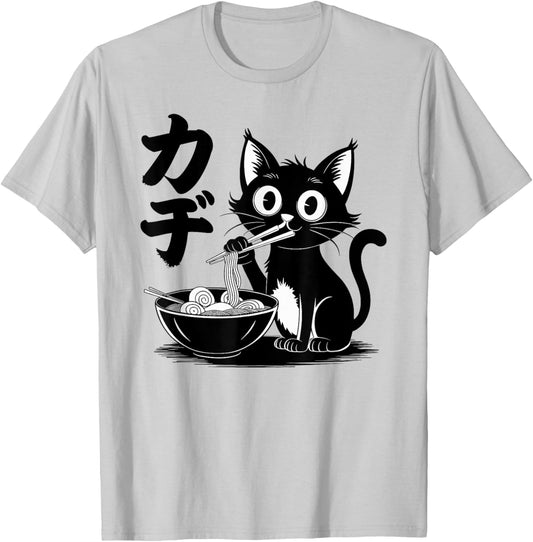 Funny Cat Ramen Noodle Japanese Kawaii Anime Otaku Style T-Shirt - T-Shirt | Ash
