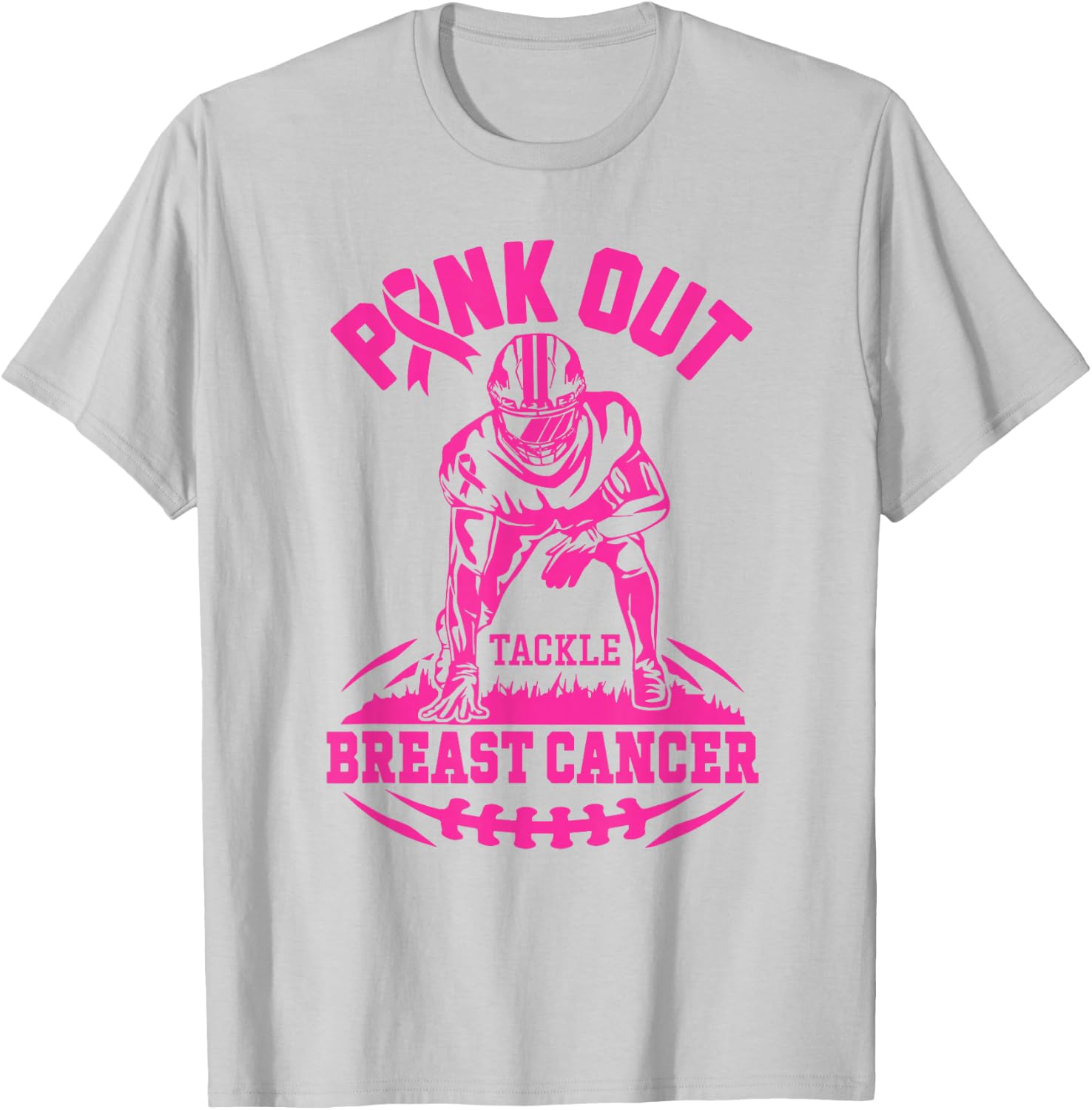 Pink Out Tackle Breast Cancer Awareness Football Pink Ribbon T-Shirt - T-Shirt | Ash