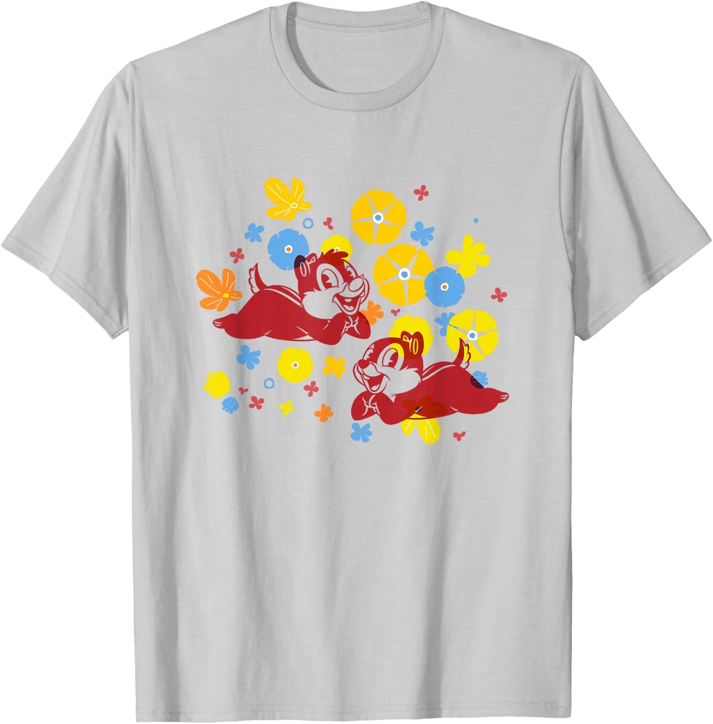 Disney Mickey and Friends Cute Chip & Dale Chest Floral Logo T-Shirt - T-Shirt | Ash