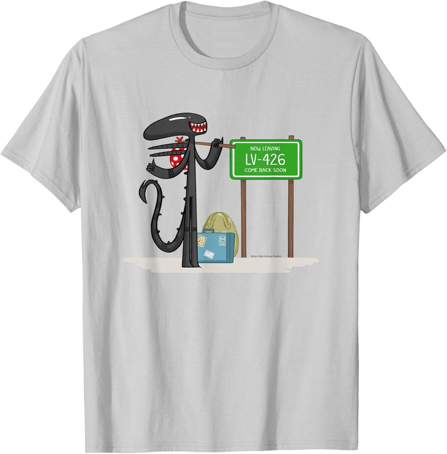 Aliens Cute Animated Xenomorph Leaving LV-426 Big Chest Logo T-Shirt - T-Shirt | Ash