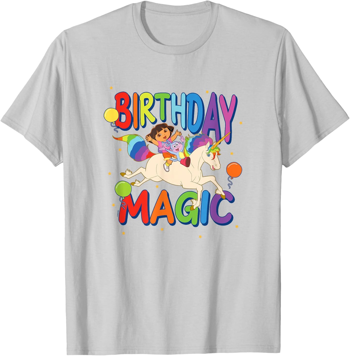 Dora the Explorer Birthday Magic Dora & Boots Riding Unicorn T-Shirt - T-Shirt | Ash