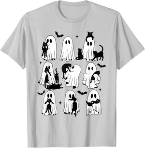 Funny Ghost Holding A Black Cat Lazy Halloween Spooky Season T-Shirt - T-Shirt | Ash