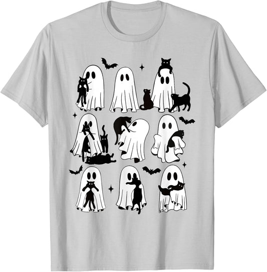 Funny Ghost Holding A Black Cat Lazy Halloween Spooky Season T-Shirt - T-Shirt | Ash