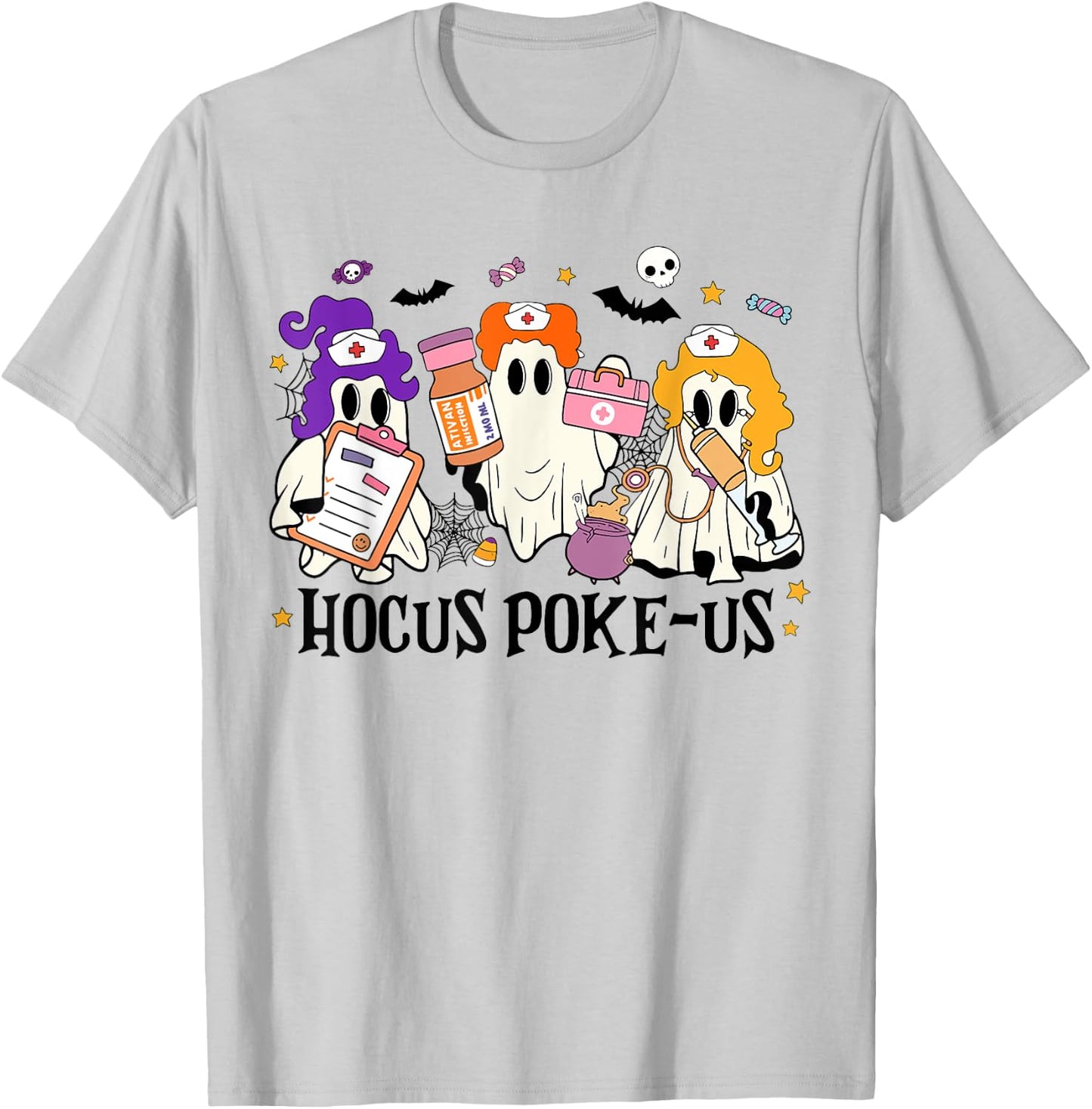 Retro Funny Hocus Poke-us Spooky Nurse Halloween Cute Ghost T-Shirt - T-Shirt | Ash