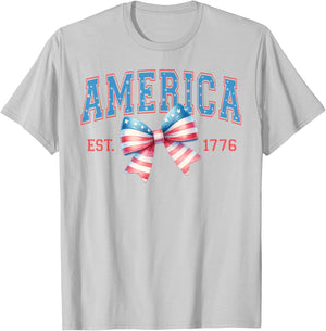 America Est. 1776 Patriotic Coquette Bow 4th of July T-Shirt - T-Shirt | Ash