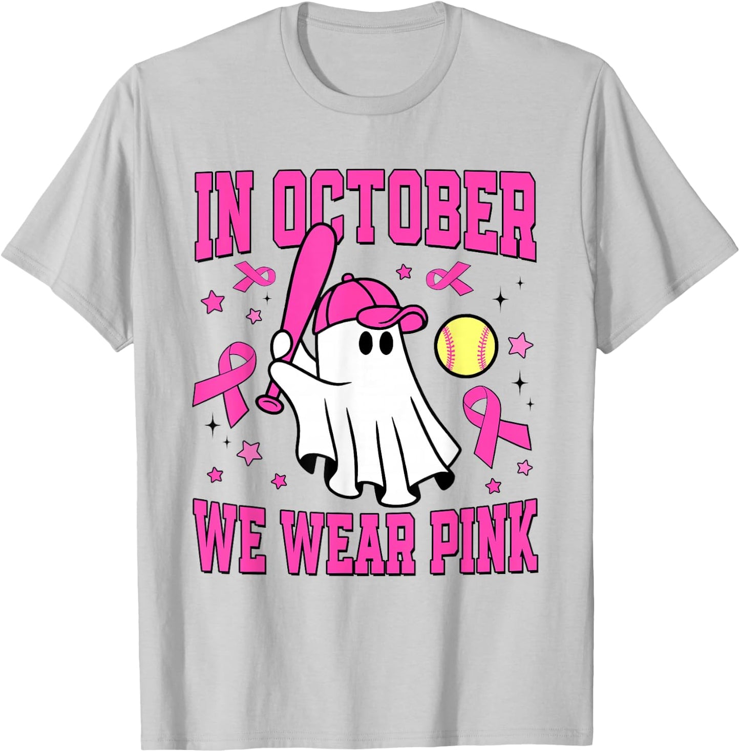 In October We Wear Pink Ghost Softball Funny Breast Cancer T-Shirt - T-Shirt | Ash