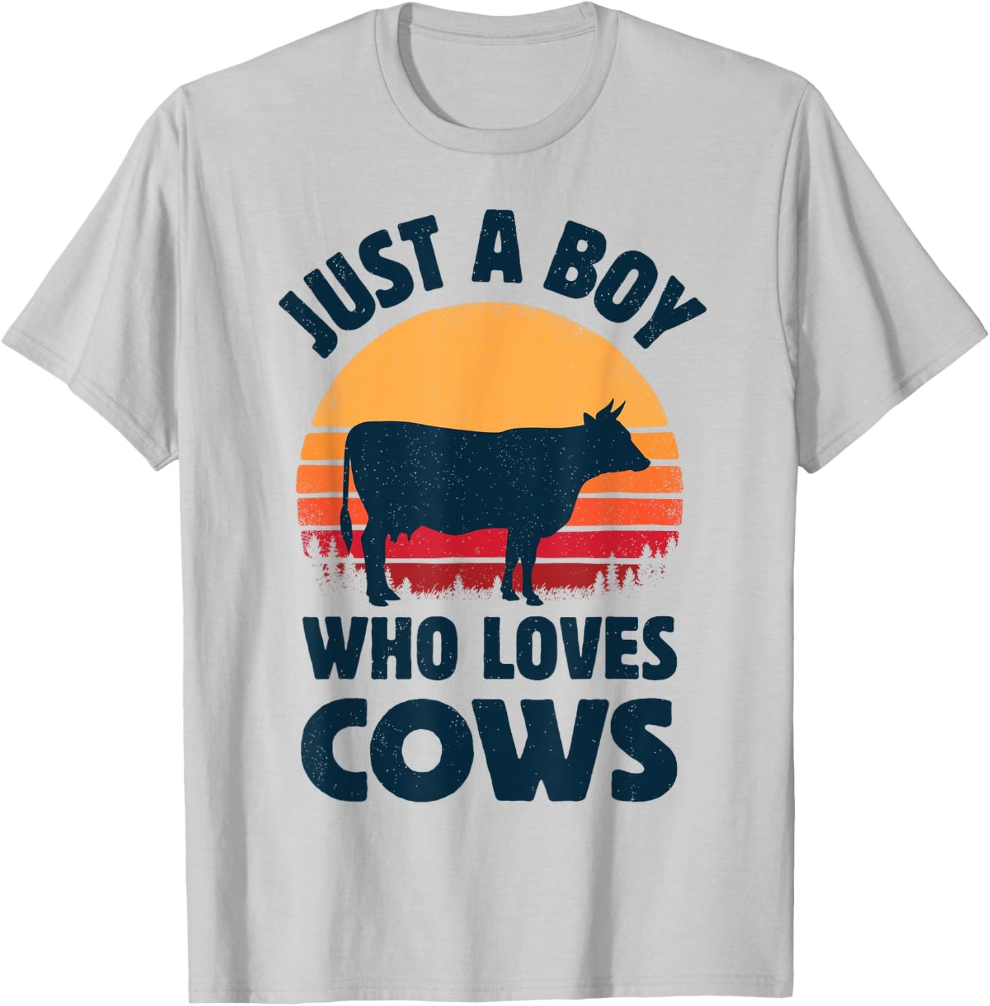 Cow Just A Boy Who Loves Retro Farm Animal Farmer Sunset T-Shirt - T-Shirt | Ash