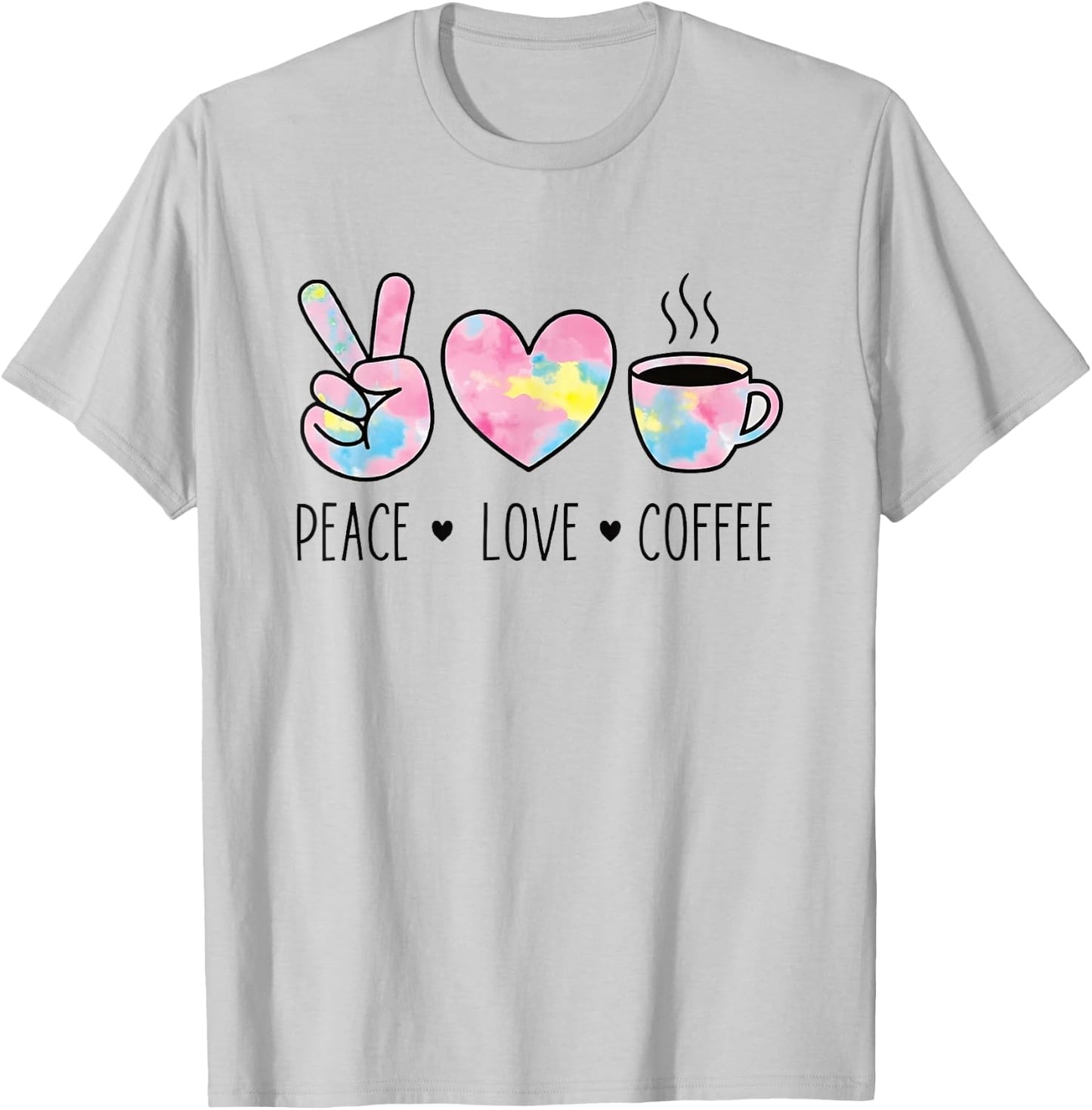 Peace Love Coffee Retro Watercolor Hand Heart Cup Graphic T-Shirt - T-Shirt | Ash