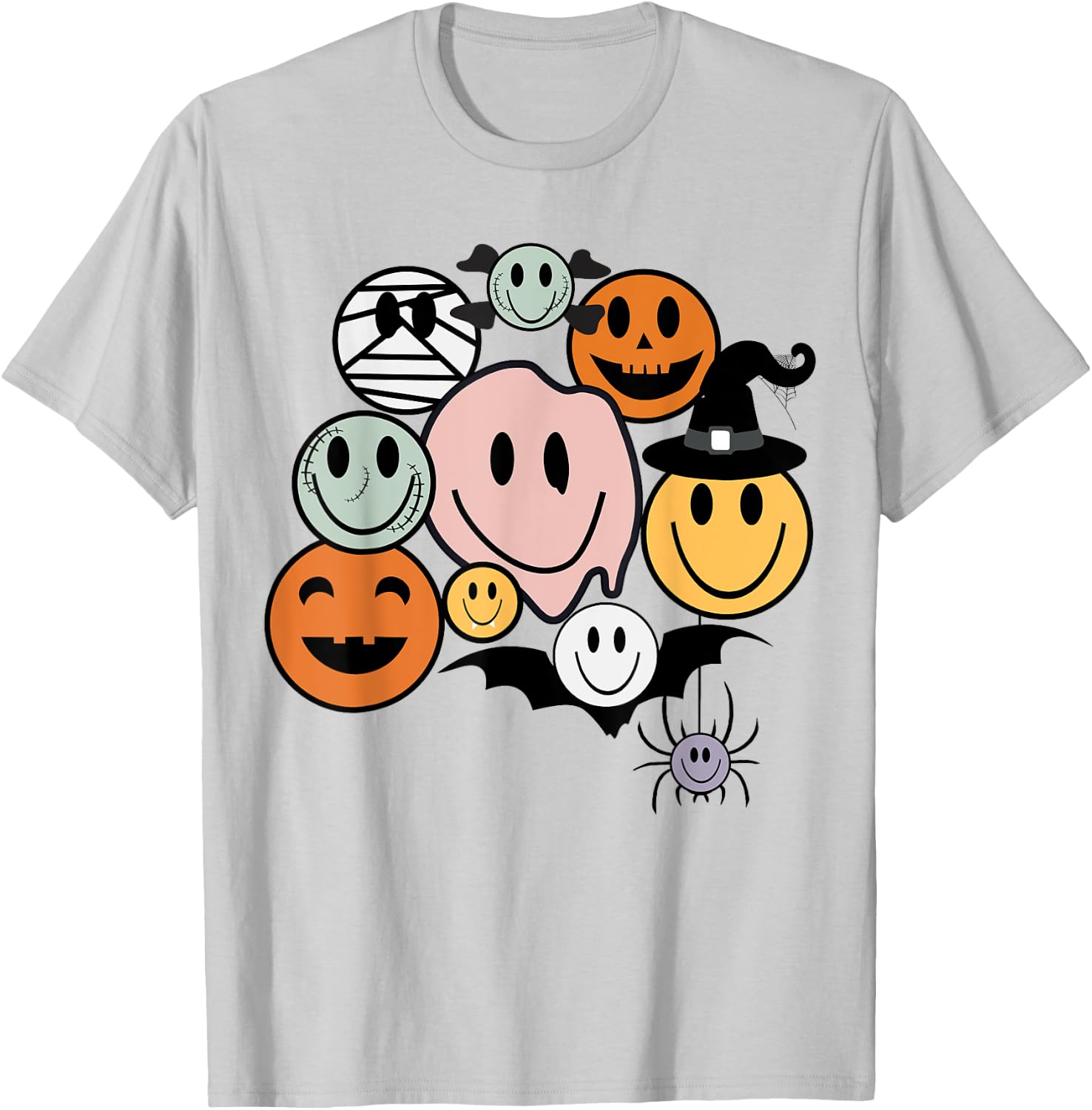 Funny Retro Halloween Smile Face Spooky Men Women Boy Girl T-Shirt - T-Shirt | Ash