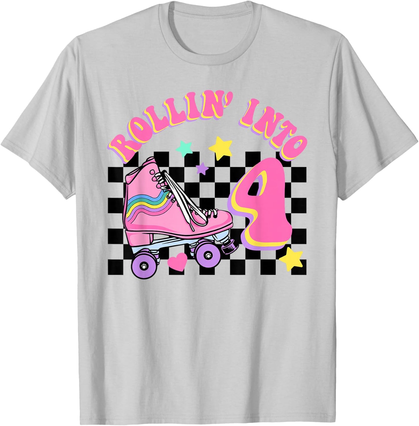 Rolling Into 4 Years Old Skater Groovy Birthday Girls Kids T-Shirt - T-Shirt | Ash