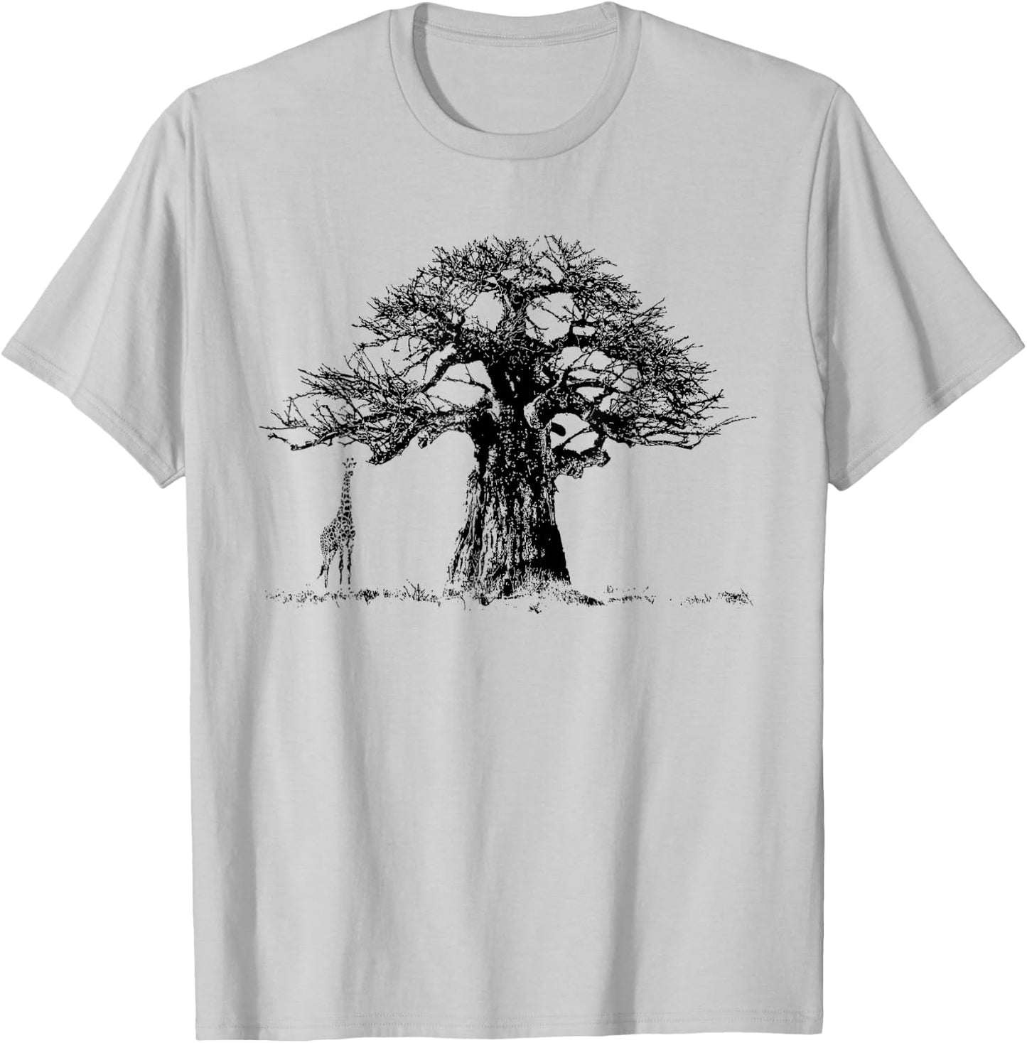 Baobab Tree and Giraffe Artwork in Graphic Monochrome T-Shirt - T-Shirt | Ash