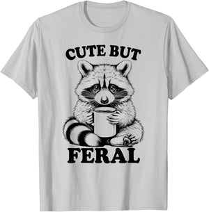 Funny Raccoon With Coffee Cute But Feral Raccoon Trash Panda T-Shirt - T-Shirt | Ash