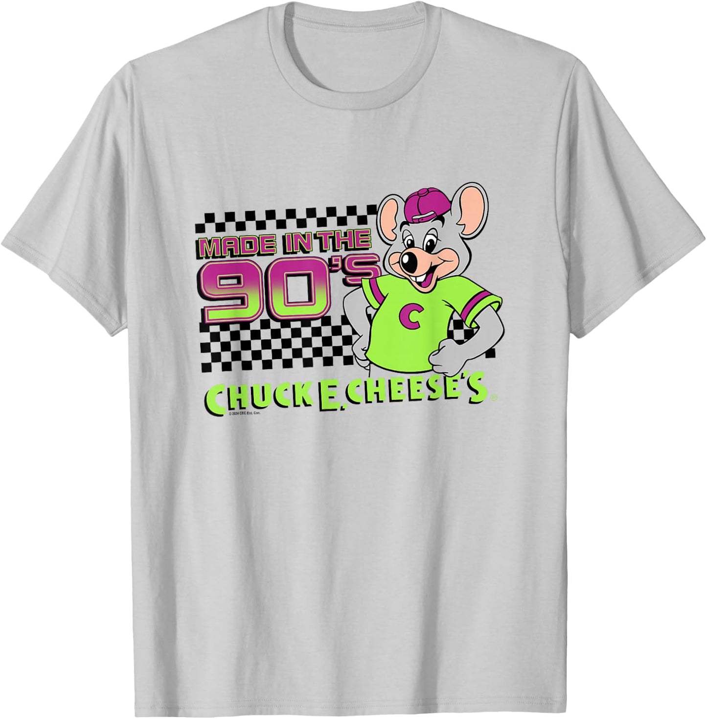 Chuck E. Cheese Made In The 90's Retro Neon Logo T-Shirt - T-Shirt | Ash