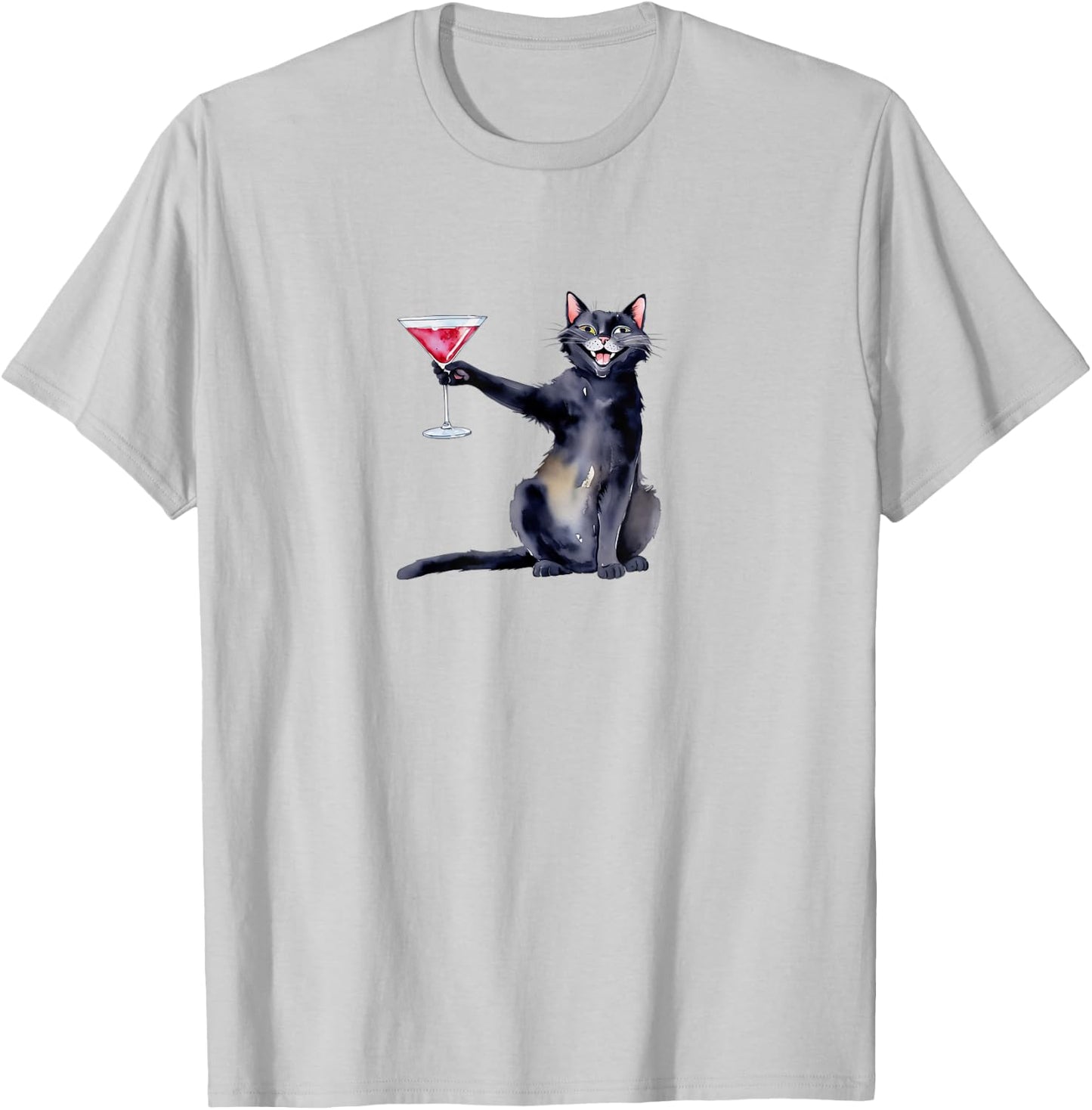 Cat with Martini Glass Cocktail T-Shirt - T-Shirt | Ash